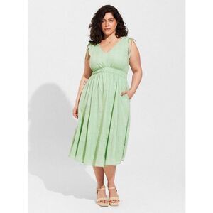 Torrid 3XL green midi voile tie sleeve vneck lined windowpane dress
